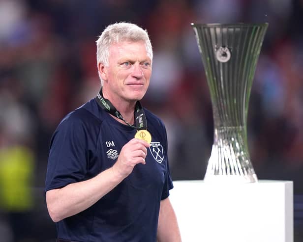 West Ham United manager David Moyes with a winner's medal after the UEFA Europa Conference League Final success