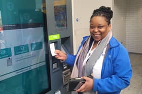Debra Leso was the first passenger to purchase her ticket from the new self-serve ticket vending machine at the newly opened York Street Station