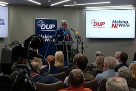 DUP leader Gavin Robinson addressing DUP delegates in Lisburn