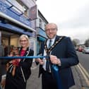 Animal welfare charity opens new store in the heart of Lisburn. Pictured are chair of the USPCA, Dr John Farrell, Skye the dog, chief executive of the USPCA, Nora Smith, Lisburn and Castlereagh City Council mayor, Andrew Gowan. Pic credit: Matt Mackey