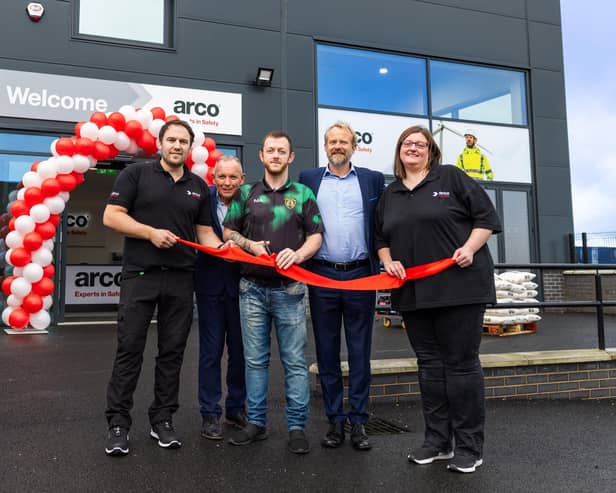 Arco, the UK’s leading safety company, has relocated its Belfast safety store to Newtownabbey. Pictured are Andy Quinn (store manager at Arco), Brian Dowell (head of retail at Arco), Mark Allen, Des English (country manager at Arco), Vikky Fergusson (retail area manager at Arco)