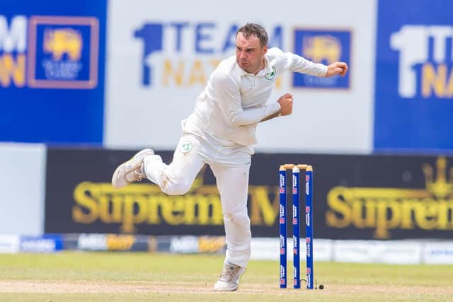 Ireland's Andy McBrine bowling against Sri Lanka. Credit: SLC