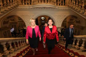 Sinn Fein Vice President Michelle O'Neill (left) and President Mary Lou McDonald at Belfast City Hall for the local election count. Divided unionism will return republican politicians. Photo Liam McBurney/PA Wire