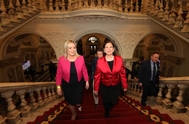 Sinn Fein Vice President Michelle O'Neill (left) and President Mary Lou McDonald at Belfast City Hall for the local election count. Divided unionism will return republican politicians. Photo Liam McBurney/PA Wire