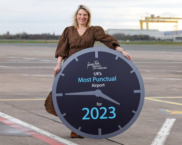 Judith Davis, airport operations manager at Belfast City Airport, pictured announcing that Belfast City Airport has been confirmed as the UK’s Most Punctual Airport for 2023 following the publication of the latest performance figures from the Civil Aviation Authority