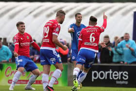Linfield's Jack Scott celebrates his goal during today's game at Lakeview Park, Loughgall. PIC: David Maginnis/Pacemaker Press