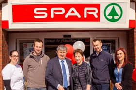 Hamilton’s Spar Newtownstewart opened in 1979 and is this year celebrating 45 successful years of serving the local community. Charlie, Ruth and their family are well known and respected in the community, with their children continuing their legacy.  Pictured are Alison Logue, John Hamilton, Charlie Hamilton, Ruth Hamilton, David Hamilton and Louise Hamilton.