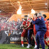 Portadown's players celebrate after receiving the Playr-Fit Championship trophy following this evening's game at Shamrock Park, Portadown. PIC: David Maginnis/Pacemaker Press