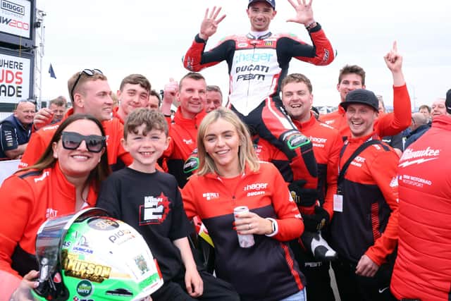 Glenn Irwin celebrates his record-equalling ninth Superbike win at the North West 200