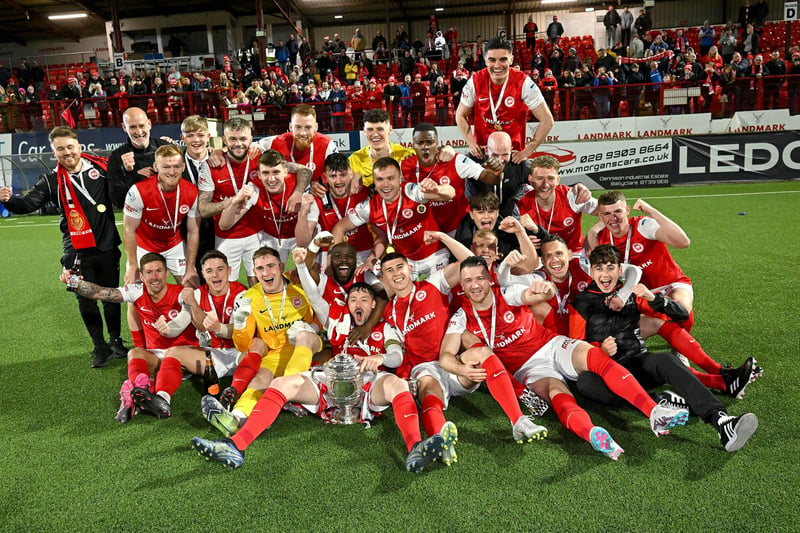 Larne's players at Inver Park with the Gibson Cup