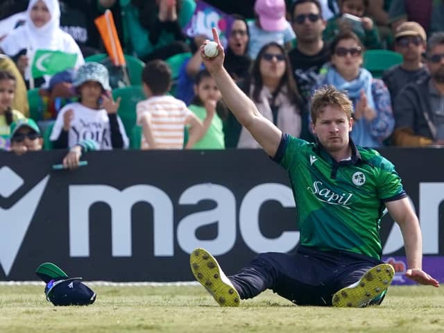 Ireland's Barry McCarthy celebrates after catching out Pakistan's Fakhar Zaman during the first T20 international at Castle Avenue Cricket Ground. (Photo by Brian Lawless/PA Wire)
