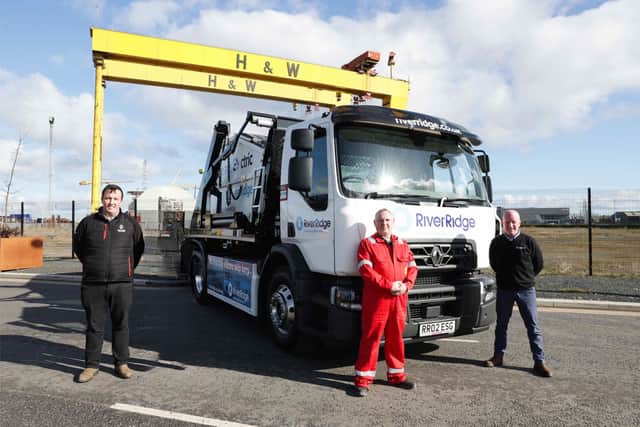 Waste and resource management company, RiverRidge has taken delivery of Northern Ireland’s first and only fully electric skip lift vehicle. Pictured are Matthew Keys, Diamond Trucks; Scott Argue, Harland & Wolff and Stephen Thompson, RiverRidge.
