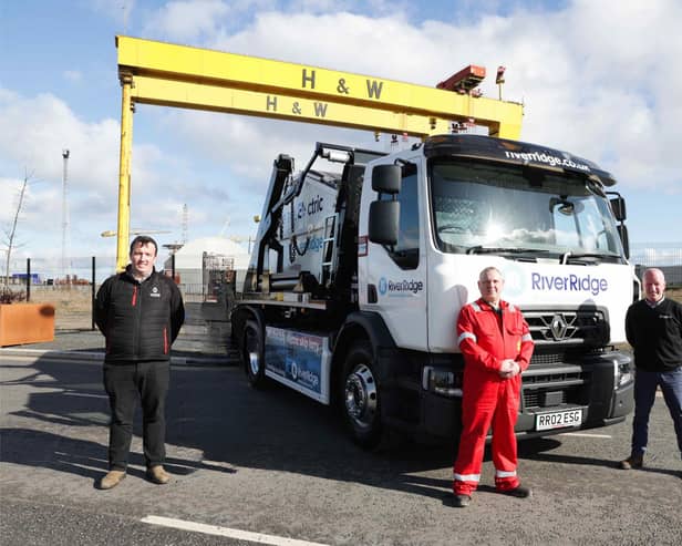 Waste and resource management company, RiverRidge has taken delivery of Northern Ireland’s first and only fully electric skip lift vehicle. Pictured are Matthew Keys, Diamond Trucks; Scott Argue, Harland & Wolff and Stephen Thompson, RiverRidge.