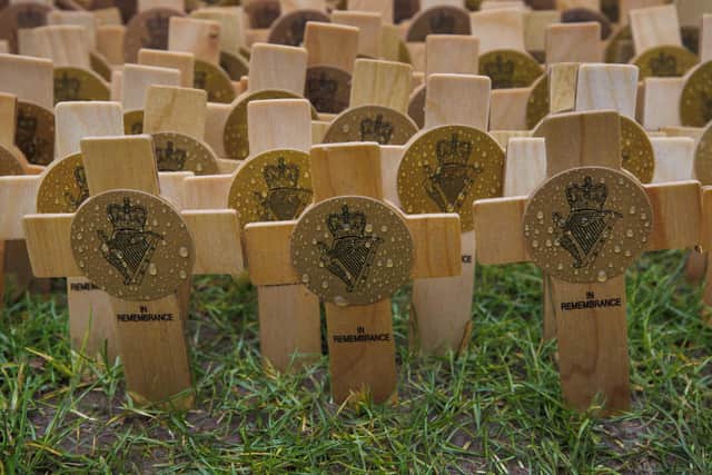 Wooden remembrance crosses bearing the crowned Maid of Erin harp emblem, associated with the Royal Irish Regiment and the former Ulster Defence Regiment, stand in the Field of Remembrance at Belfast City Hall during its opening ahead of Armistice Day commemorations. Photo: Liam McBurney/Press Association