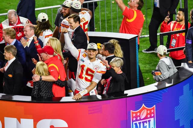 Kansas City Chiefs quarterback Patrick Mahomes celebrates Super Bowl victory