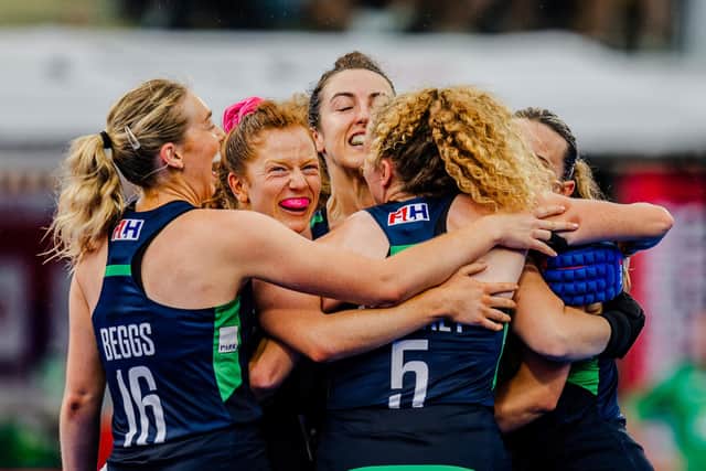 Ireland women celebrate against New Zealand in the FIH Hockey World Cup. (Photo by WORLDSPORTPICS/Rodrigo Jaramillo)