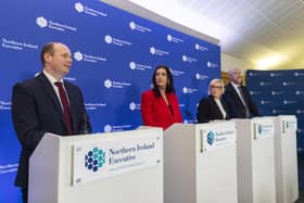 NI Executive ministers Gordon Lyons, Emma Little-Pengelly, Michelle O'Neill and John O'Dowd during a press conference at Stormont Castle in Belfast. Photo: Liam McBurney/PA Wire