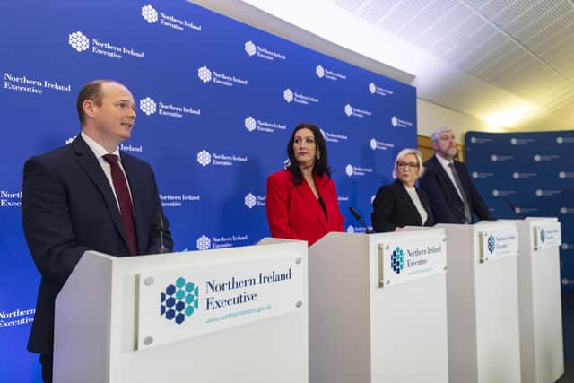 NI Executive ministers Gordon Lyons, Emma Little-Pengelly, Michelle O'Neill and John O'Dowd during a press conference at Stormont Castle in Belfast. Photo: Liam McBurney/PA Wire