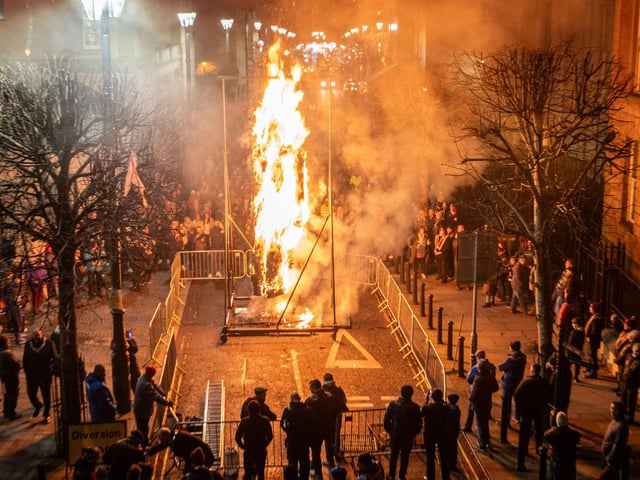 The Apprentice Boys of Derry gathered in Londonderry’s Bishop Street to burn the effigy of Colonel Robert Lundy who wished to surrender the City at the beginning of the Siege of 1688. The burning of the figure is an annual event which was delayed due to Storm Darragh at the weekend. Picture Martin McKeown