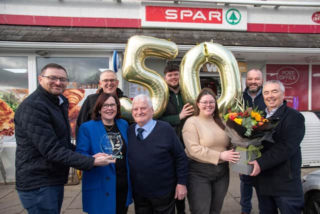 Last year, 15 Spar, Eurospar and Vivo stores celebrated milestone anniversaries, totalling to 518 years of serving their local communities. As part of the celebrations McCann’s Spar Belcoo marked their 50th anniversary. Pictured are Connor McCann, regional manager at Henderson Group, Eugene McCann, store owner, Brenda McCann, Kieran McCann who opened the store 50 years ago, Oran and Shona McCann, Robert Tannahill, business development manager at Henderson Group and Martin Agnew, joint managing director of the Henderson Group.=