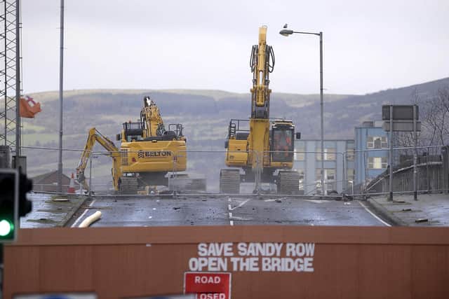 The Boyne Bridge, near Sandy Row, has been closed for demolition as part of the redevelopment of streets around Belfast's new Grand Central Station. Photo: Arthur Allison/Pacemaker Press
