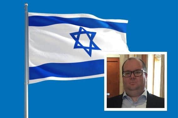 An Israeli flag and David Brooks (inset)