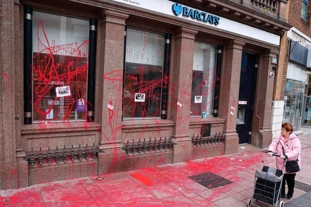 Press Eye - Belfast - Northern Ireland - 14th November 2022

The scene on Castle Place in Belfast City Centre where Extinction Rebellion environmental protesters threw paint over the Barclays Bank branch. 

Picture by Jonathan Porter/PressEye