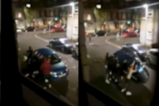 Two frames from the video of the incident. If you know any of the figures in this footage, please contact police.
