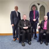 The Most Reverend Eamon Martin, Roman Catholic Primate of All Ireland (seated left) says churches could play a role in legacy truth recovery. Also pictured other church leaders (left to right) Right Reverend Dr John Kirkpatrick, Presbyterian moderator, Right Rev Andrew Forster, President of the Irish Council of Churches, Rev David Nixon, President of the Methodist Church in Ireland. Seated (left) the Most Reverend John McDowell, Church of Ireland  Primate of All Ireland