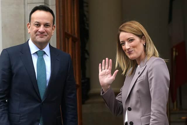 Taoiseach Leo Varadkar welcomes President of the European Parliament, Roberta Metsola, to Government Buildings in Dublin, during her two-day visit to the Republic of Ireland. Picture date: Thursday February 2, 2023.