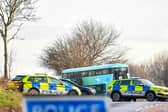 Police at the scene of the fatal crash on Ballyrobin Road, Templepatrick. Photo: Andrew McCarroll/ Pacemaker Press