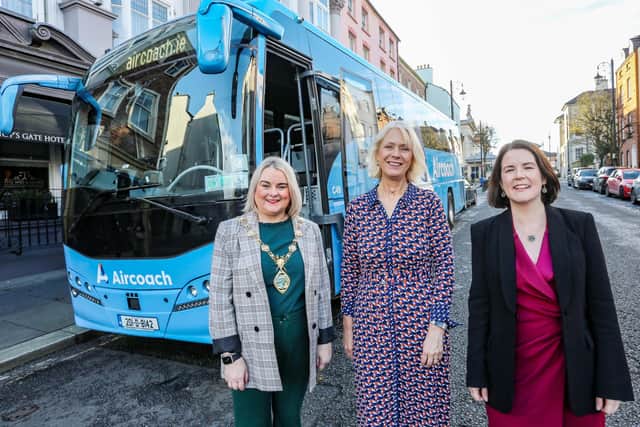 The Mayor of Derry City and Strabane District Council, cllr Sandra Duffy, Anna Doherty, chief executive of Londonderry Chamber and Dervla McKay, managing Director of Aircoach at the launch of the new north west Aircoach service