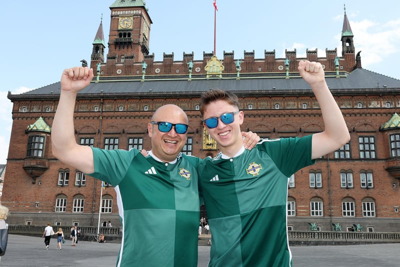 Northern Ireland fans Lee Simpson and his son Roman in Copenhagen before the match
