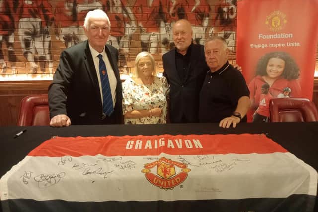 Former Man Utd goalie Alex Stepney, supporter Susan Atkinson (wife of Eamon), Belfast-born former Man Utd midfielder (and Northern Ireland manager) Sammy McIlroy, and Eamon Atkinson, all pictured at the International Suite at Old Trafford
