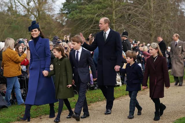 (left to right) the Princess of Wales, Princess Charlotte, Prince George, the Prince of Wales, Prince Louis and Mia Tindall attending the Christmas Day morning church service at St Mary Magdalene Church in Sandringham, Norfolk. Photo: Joe Giddens/PA Wire