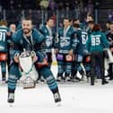 Belfast Giants’ David Gilbert celebrates after defeating the Fife Flyers to win the Challenge Cup Final at the SSE Arena, Belfast.  Photo by William Cherry/Presseye