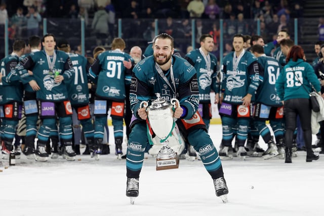 Belfast Giants’ David Gilbert celebrates after defeating the Fife Flyers to win the Challenge Cup Final at the SSE Arena, Belfast.  Photo by William Cherry/Presseye
