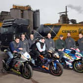 Road racers Aaron Spence and Kevin Keyes join Cookstown 100 Clerk of the Course, John Dillon with members of staff of the Co. Tyrone road race meeting's new title sponsors, Cemcor at the launch of the event