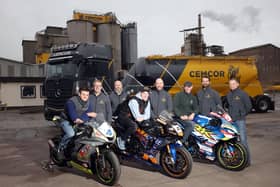 Road racers Aaron Spence and Kevin Keyes join Cookstown 100 Clerk of the Course, John Dillon with members of staff of the Co. Tyrone road race meeting's new title sponsors, Cemcor at the launch of the event