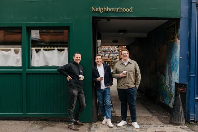 Neighbourhood Café will open the doors on its new venue this July which will be located beside the forthcoming Austin, Texas outpost of The Dead Rabbit. Pictured is Jack McGarry, managing partner, The Dead Rabbit, Oisin McEvoy, co-owner, Neighbourhood Café and Ryan Crown, co-owner, Neighbourhood Café and Crown Creative, at the Neighbourhood Café, Belfast