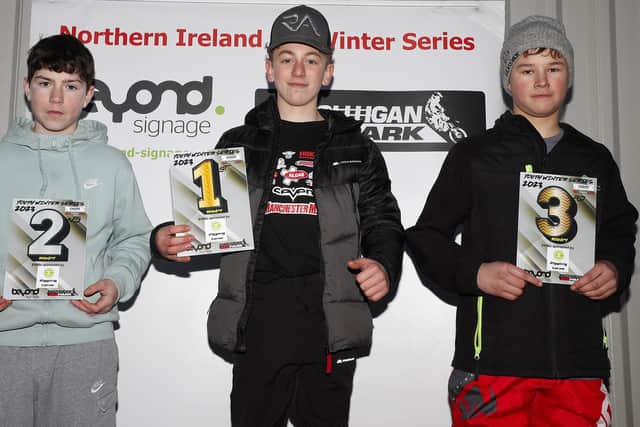 Overall S/W 85 winner England’s Hayden Statt with newly crowned champion Bobby Burns from Londonderry and third-placed Ollie Holland from Dungannon. Picture: Maurice Montgomery