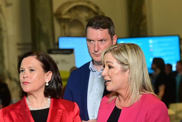 Sinn Féin’s Mary Lou McDonald, John Finucane and Michelle O’Neill at Belfast City Hall on Friday. The party unashamedly fights for the nationalist community. Pic Colm Lenaghan/Pacemaker