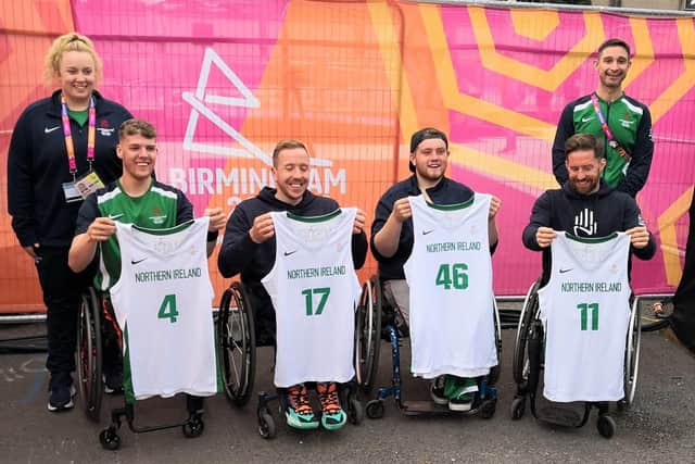 Team NI's Commonwealth Games 3X3 Wheelchair team (back row, from left): Sinead Chambers (physio), Phil Robinson (coach). Front  row: Conn Nagle, James MacSorley, Nathan McCabe and Matt Rollston.