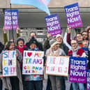 Transgender activists outside the Scottish Parliament, Edinburgh, in 2022; JK Rowling has been extremely critical of such campaigners