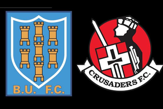The crests of Ballymena and Crusaders, who will vie for the Irish Cup this Sunday