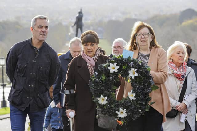 Northern Ireland actor James Nesbitt (left), a patron of the WAVE Trauma Centre and long-time friend and supporter of the Families of the Disappeared, walking with Joe Lynskey's niece Maria Lynskey (centre) and Columba McVeigh's sister Dympna Kerr (right) during the 17th annual All Souls Silent Walk for the Disappeared at Stormont on Thursday. Pic: Liam McBurney/PA Wire