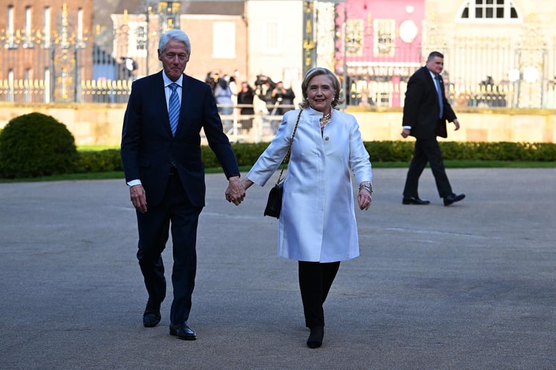 Former US president Bill Clinton and Hillary Clinton arrive for a gala dinner at Hillsborough Castle, Co Down, at the end of the international conference marking the 25th anniversary of the Belfast/Good Friday Agreement.