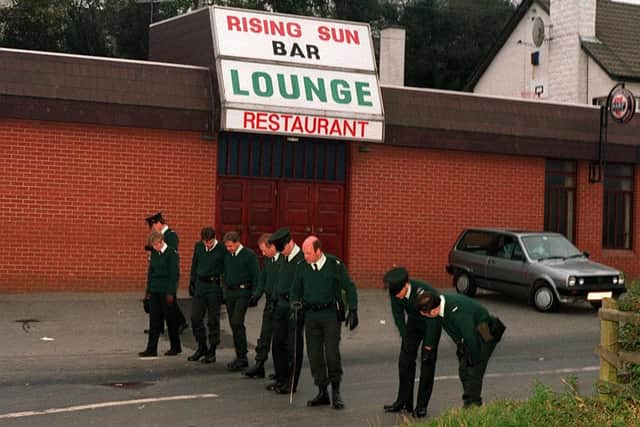 The scene at the Rising Sun bar, Greysteel on the morning after seven people were shot dead in 1993. An eighth person died later