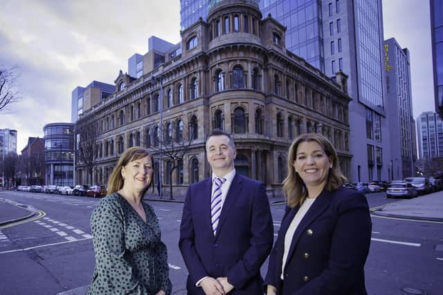 One of the biggest refinance deals in Belfast City Centre property has been completed between AIB and developer MRP following the opening on the iconic Ewart Building on Bedford Street, Belfast. Michelle Gass and Paddy McGuigan from AIB are pictured with Ita Gillis from MRP at the Ewart Building in Belfast