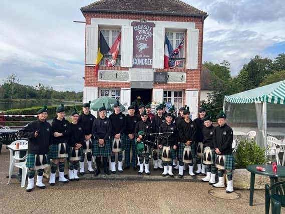 Pegasus Bridge July 2023. Some 25 members of the Campbell College Bugles, Pipes and Drums conducted a battlefield Tour of Normandy in the last week of July